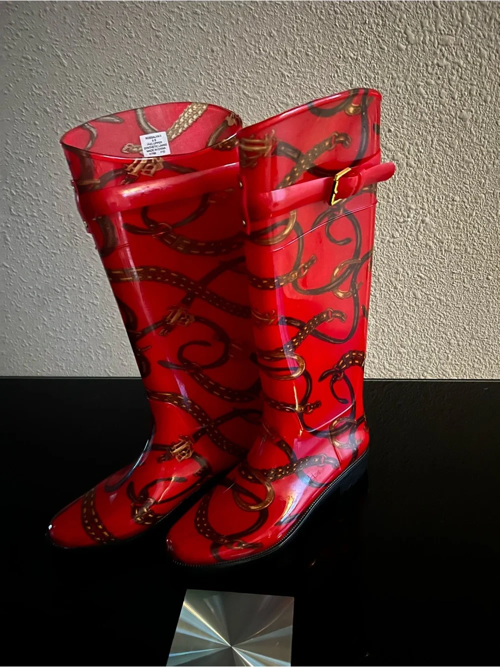 Lauren Ralph Lauren Red Patterned Gloss Rain Boots with Buckle Accent